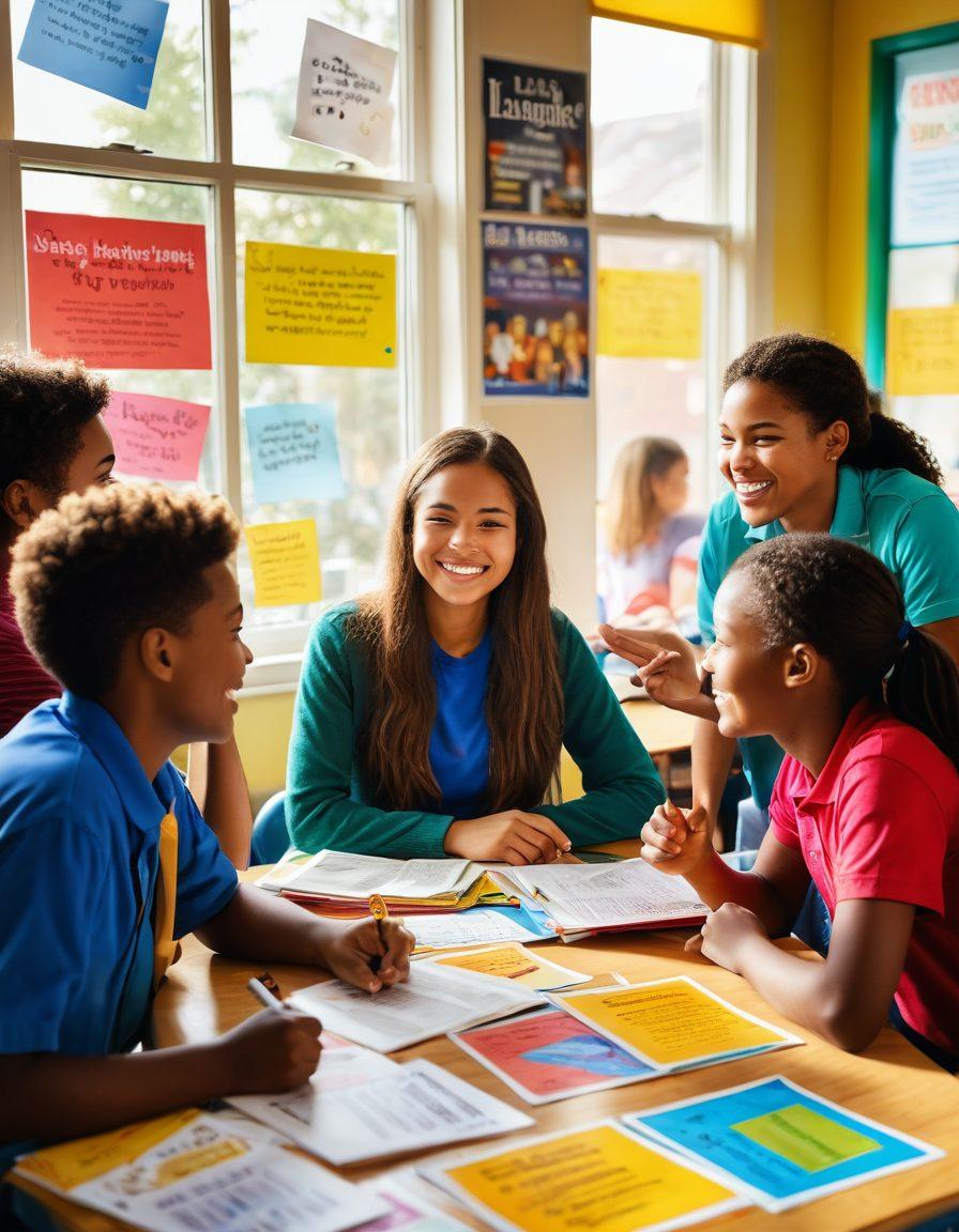 A vibrant, cheerful classroom scene with diverse students happily engaging in a lively discussion, surrounded by colorful posters of English quotes and language tips. Include elements of laughter, books, and learning tools to convey a positive atmosphere. Bright sunlight streaming through the windows adds warmth and joy to the setting. super-realistic. vibrant colors.