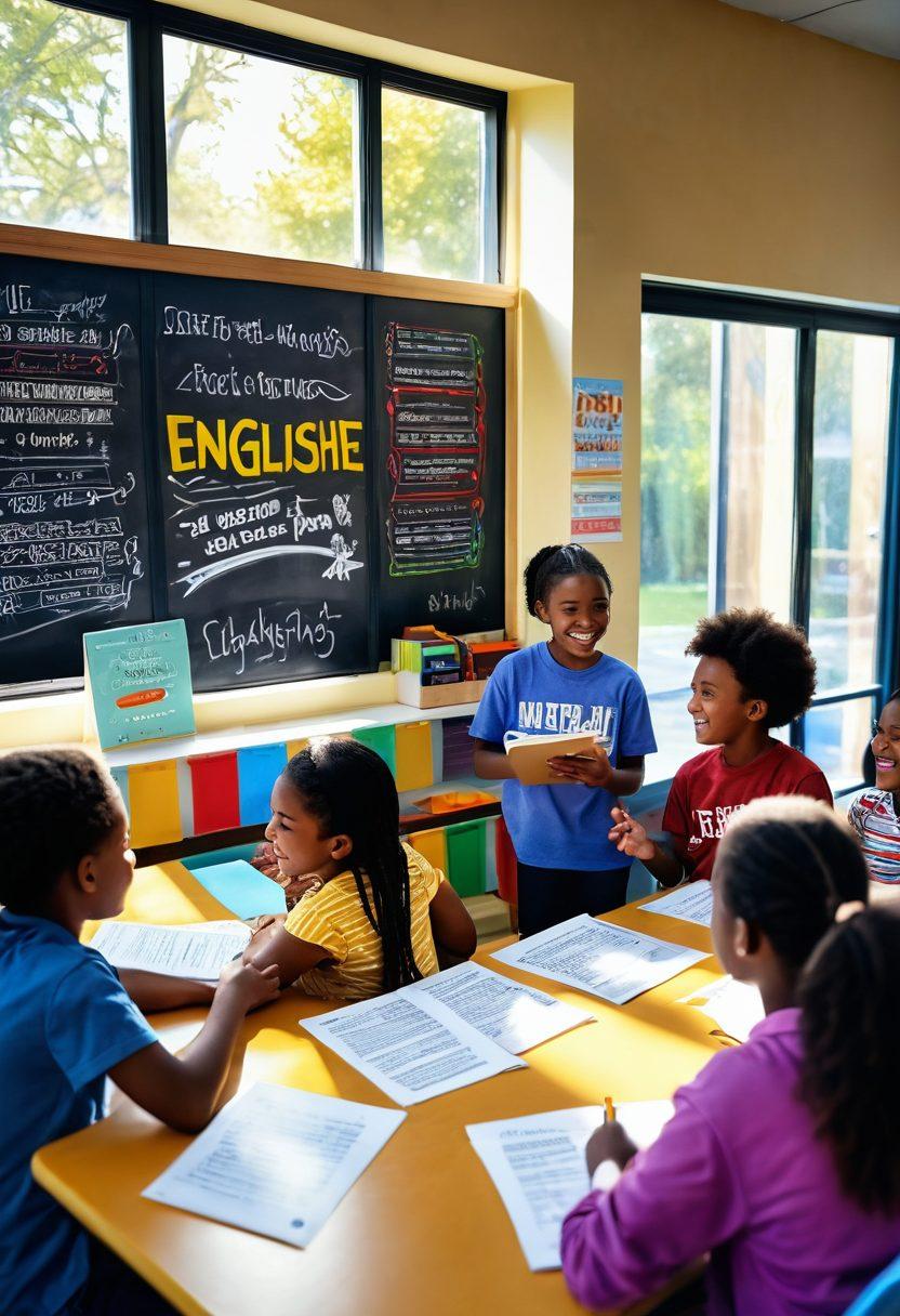 A cheerful classroom scene with diverse students engaging in interactive learning activities, surrounded by colorful posters of English words and phrases. Sunshine streams through the windows, illuminating their enthusiastic faces as they collaborate with books and digital tablets. Include a chalkboard with inspirational quotes about learning. bright and optimistic atmosphere. cartoon style. vibrant colors.
