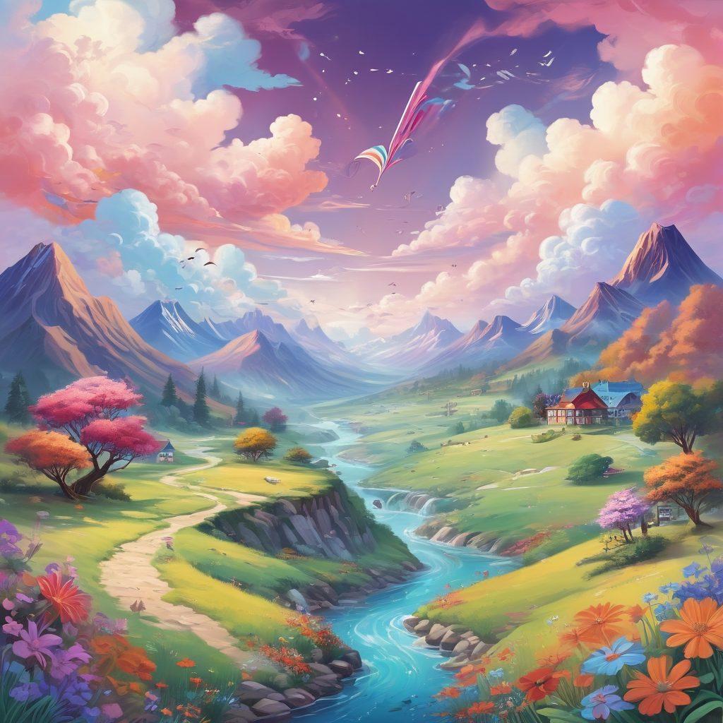 A whimsical landscape featuring a colorful, vibrant world where letters and words transform into playful creatures, climbing hills and diving into sparkling streams. In the foreground, a diverse group of enthusiastic learners interacts with these playful language elements, showcasing joy and excitement. Soft, dreamy clouds and bright flowers symbolize uplifting communication. Elements of adventure like a treasure map with words and phrases visible can be seen in the background. vibrant colors. illustration. fantasy style.